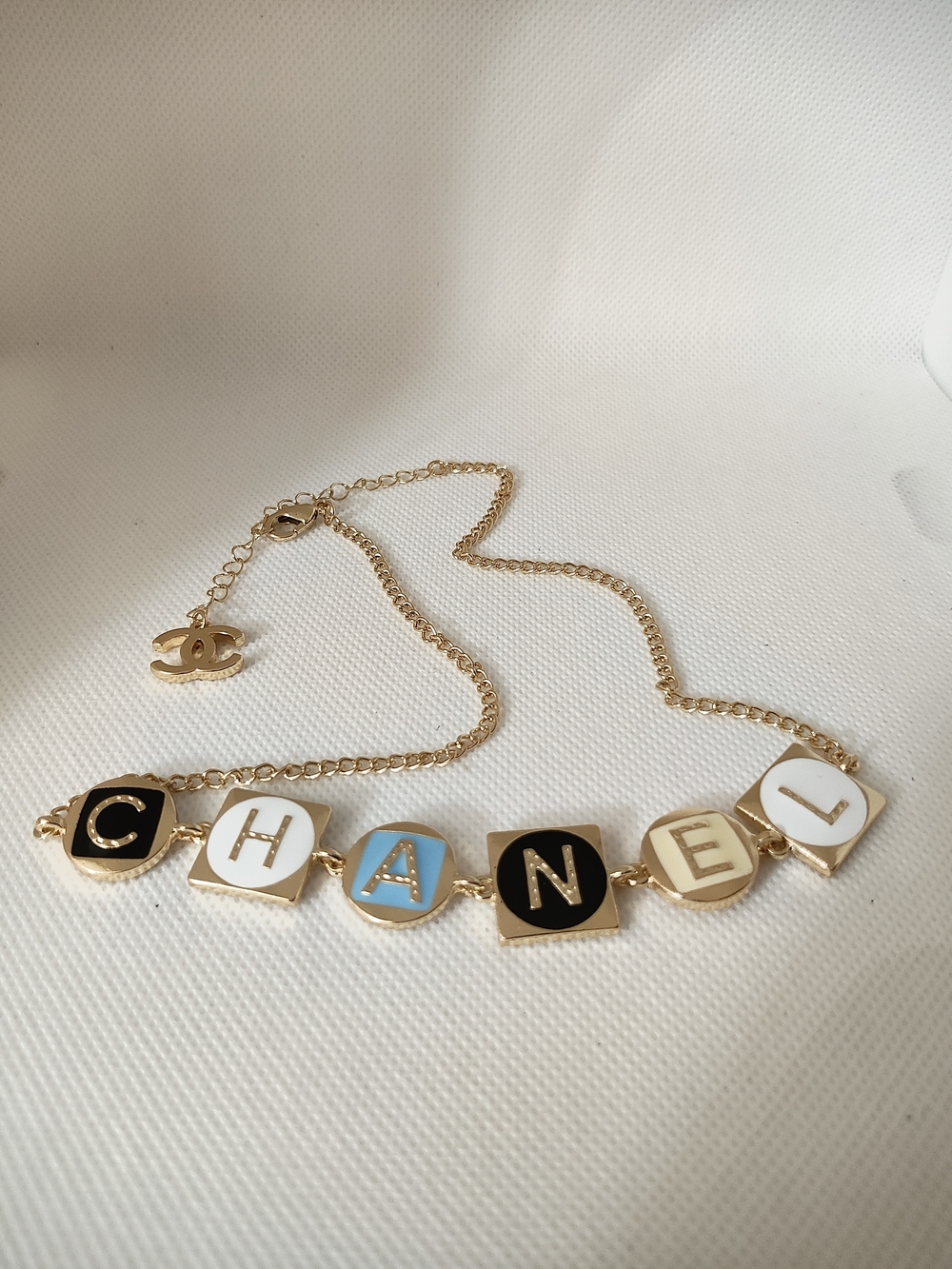 Gold Tone Multicolor Enamel CC Letter Necklace - Picture 2 of 6
